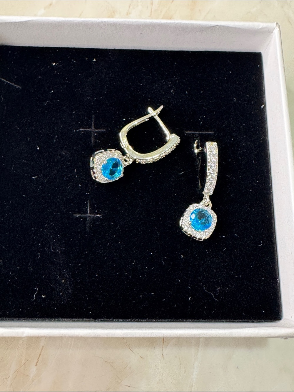 Blue Topaz and Moissanite Blue Crystal Halo Drop Earrings - Picture 4 of 12